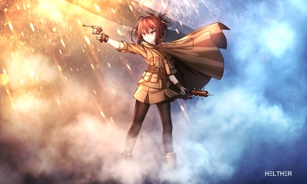 Anime picture 1667x1000 with battlefield helther single fringe short hair hair between eyes red eyes wide image standing holding signed looking away ahoge red hair spread legs outstretched arm smoke serious frown military