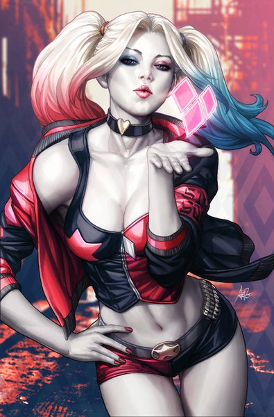 Anime-Bild 856x1300 mit batman dc comics harley queen artgerm (stanley lau) single long hair tall image looking at viewer breasts blue eyes light erotic twintails signed payot blue hair pink hair white hair nail polish parted lips multicolored hair