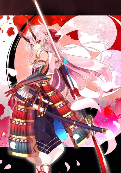 Anime picture 1434x2048 with fate (series) fate/grand order tomoe gozen (fate) akamiso (k074510) single long hair tall image looking at viewer smile red eyes bare shoulders silver hair horn (horns) sheathed girl bow weapon hair bow petals armor