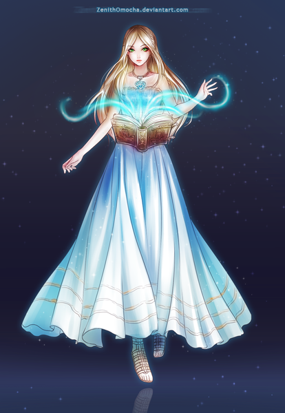 Anime picture 861x1248 with zenithomocha single long hair tall image looking at viewer blonde hair bare shoulders green eyes light smile magic reflection dark background blue background girl dress pendant book (books) star (stars) blue dress