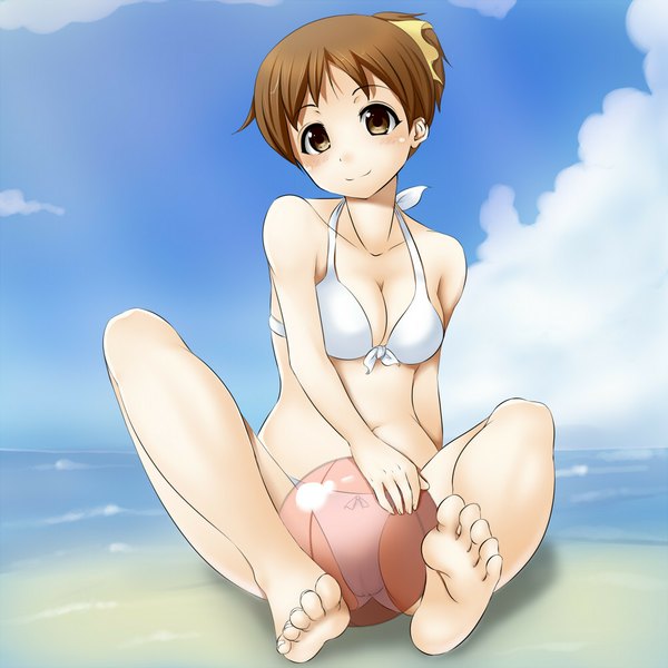 Anime picture 1000x1000 with k-on! kyoto animation hirasawa ui yottan single blush short hair breasts light erotic brown hair sitting brown eyes sky cloud (clouds) barefoot light smile beach transparent girl swimsuit