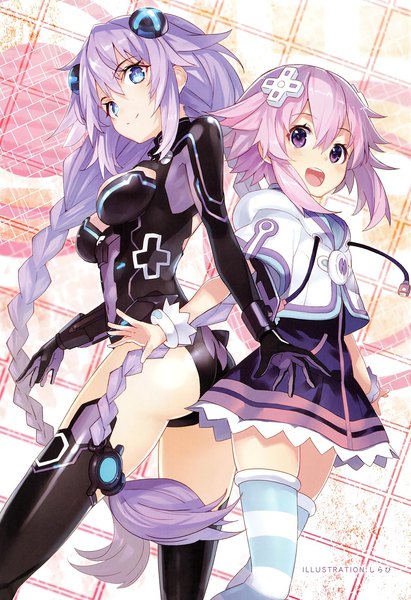 Anime picture 1095x1600 with choujigen game neptune neptune (choujigen game neptune) purple heart shirabi long hair tall image looking at viewer fringe short hair open mouth blue eyes light erotic smile hair between eyes purple eyes multiple girls signed purple hair ass braid (braids)