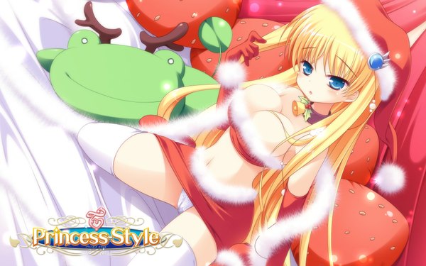 Anime picture 1920x1200 with yuyi single long hair highres breasts blue eyes light erotic blonde hair wide image sitting bare shoulders pantyshot fur trim girl thighhighs skirt gloves navel hair ornament miniskirt