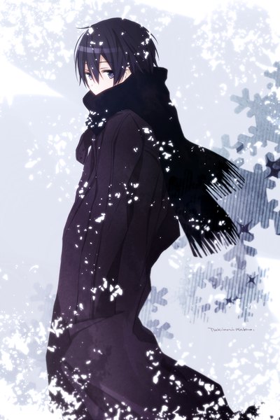 Anime picture 800x1201 with sword art online a-1 pictures kirigaya kazuto tsukimori usako single tall image looking at viewer short hair black hair signed sparkle snowing winter snow hands in pockets boy scarf coat