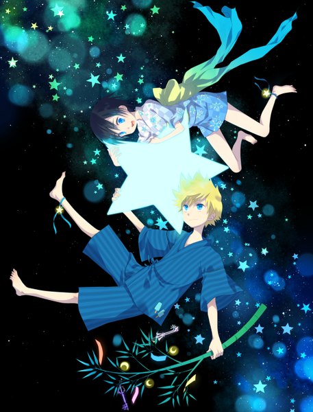 Anime picture 2096x2752 with kingdom hearts square enix roxas xion (kingdom hearts) okitsune (okitsune-sama) tall image highres short hair open mouth blue eyes black hair blonde hair smile japanese clothes barefoot light smile couple hug dark background falling