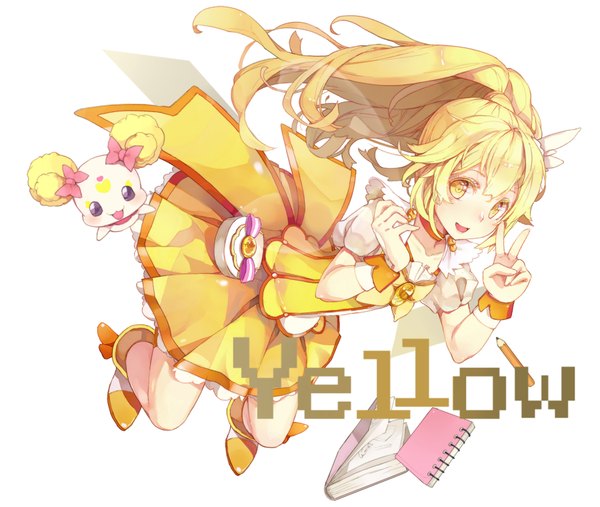 Anime picture 1800x1522 with precure smile precure! toei animation kise yayoi cure peace candy (smile precure!) evers (artist) single long hair looking at viewer highres open mouth simple background blonde hair white background yellow eyes ponytail inscription victory girl