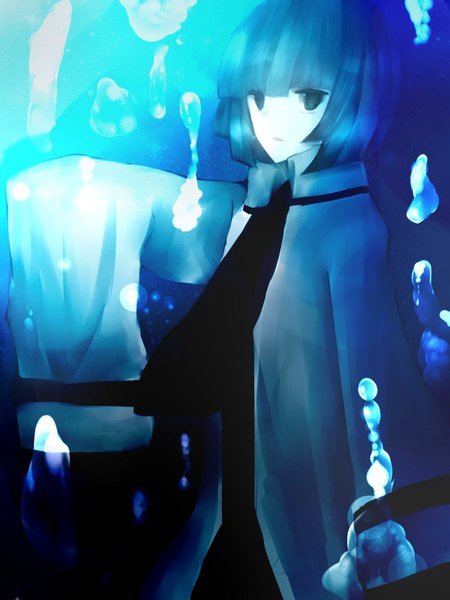 Anime picture 1200x1600 with wadanohara and the great blue sea fukami single tall image looking at viewer blue hair wide sleeves underwater boy water sea bubble (bubbles)