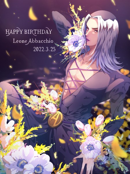 Anime picture 2400x3200 with jojo no kimyou na bouken leone abbacchio siroraku single long hair tall image looking at viewer highres yellow eyes silver hair character names lipstick dated happy birthday purple lipstick boy flower (flowers) anemone (flower)