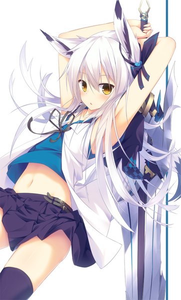 Anime picture 664x1098 with original nagishiro mito single long hair tall image looking at viewer blush open mouth light erotic simple background white background animal ears yellow eyes white hair girl thighhighs skirt navel ribbon (ribbons) weapon