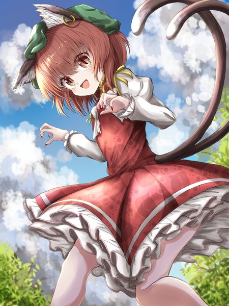 Anime picture 1152x1536 with touhou chen kayon (touzoku) single tall image looking at viewer short hair brown hair brown eyes animal ears sky cloud (clouds) outdoors tail nail polish animal tail looking back cat ears cat girl cat tail