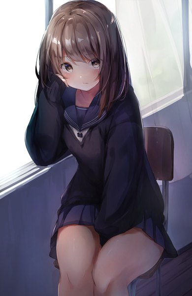 Anime picture 2661x4096 with original mochi nabe single long hair tall image looking at viewer blush fringe highres brown hair sitting brown eyes payot bent knee (knees) indoors long sleeves pleated skirt sunlight bare legs sleeves past wrists