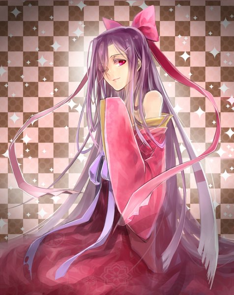 Anime picture 1273x1603 with mirai nikki kasugano tsubaki xxx sherry single long hair tall image red eyes bare shoulders purple hair japanese clothes checkered background girl bow ribbon (ribbons) hair bow hair ribbon kimono