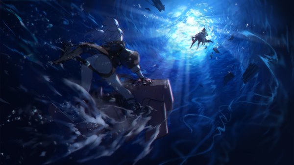 Anime picture 1575x886 with azur lane bismarck (azur lane) u-556 (azur lane) swd3e2 short hair light erotic wide image twintails multiple girls blue hair from behind sunlight official art from below short twintails underwater spoilers girl gloves 2 girls