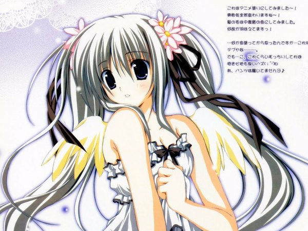 Anime picture 1024x768 with korie riko long hair blush breasts blue eyes cleavage hair flower grey hair hand on chest hair ornament flower (flowers) ribbon (ribbons) wings