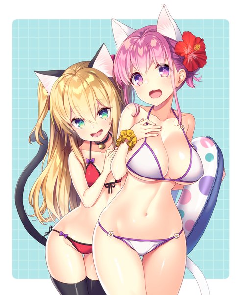 Anime picture 821x1001 with original tahya long hair tall image looking at viewer blush fringe short hair breasts open mouth light erotic blonde hair simple background smile hair between eyes large breasts purple eyes bare shoulders multiple girls animal ears