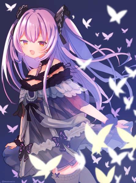 Anime picture 1516x2048 with virtual youtuber hololive uruha rushia uruha rushia (3rd costume) marekamico single long hair tall image fringe open mouth hair between eyes red eyes purple hair :d two side up girl thighhighs dress hair ornament earrings