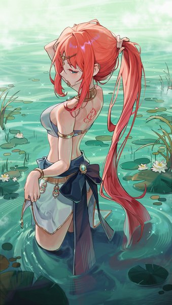 Anime picture 3742x6627 with genshin impact nilou (genshin impact) sssong aa single tall image blush fringe highres light erotic standing payot looking away absurdres ponytail red hair very long hair profile looking back arm up aqua eyes