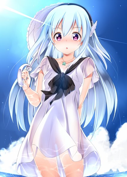 Anime picture 786x1100 with original amasora taichi single long hair tall image looking at viewer blush open mouth purple eyes blue hair sky cloud (clouds) girl dress hairband umbrella sundress