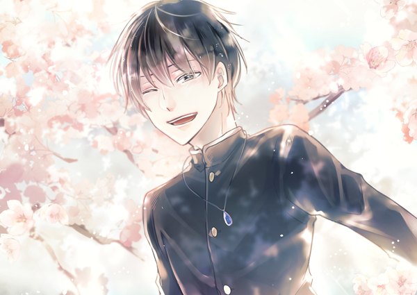 Anime picture 1748x1240 with kyou kara maou studio deen shibuya yuri aswuart single looking at viewer fringe highres short hair open mouth black hair smile hair between eyes upper body outdoors one eye closed wink black eyes teeth cherry blossoms