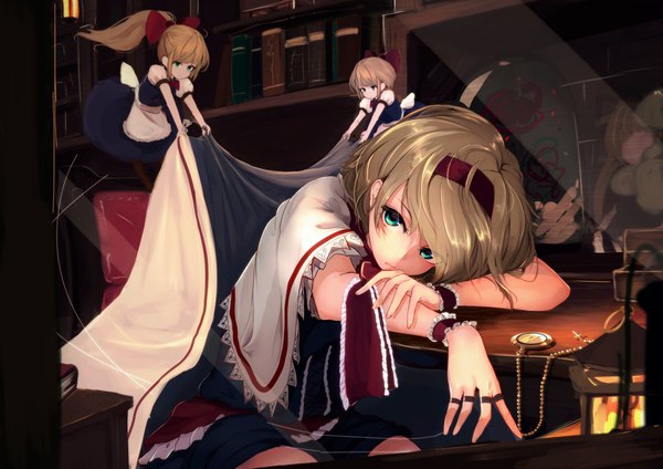 Anime picture 2105x1488 with touhou alice margatroid shanghai lumo 1121 fringe highres short hair blue eyes blonde hair sitting holding looking away indoors hair over one eye puffy sleeves expressionless holding arm girl dress bow