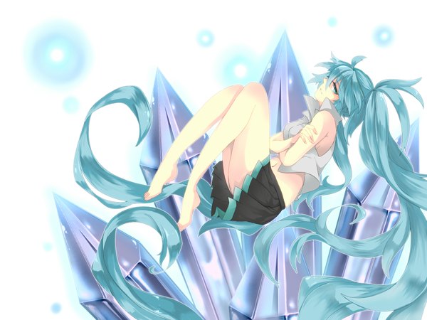 Anime picture 2048x1536 with vocaloid hatsune miku enrai single highres white background twintails bare shoulders very long hair aqua eyes aqua hair girl skirt crystal