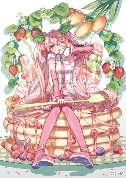 Anime picture 781x1105 with vocaloid hatsune miku sakura miku 778-go single tall image looking at viewer open mouth sitting twintails pink hair full body very long hair head tilt :d pink eyes girl flower (flowers) food boots