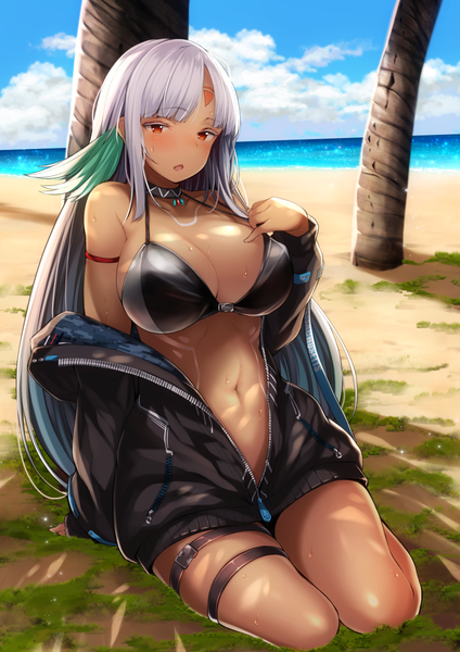 Anime picture 849x1200 with azur lane massachusetts (azur lane) tobimura single long hair tall image looking at viewer blush fringe breasts open mouth light erotic red eyes large breasts sitting sky cleavage silver hair cloud (clouds) outdoors