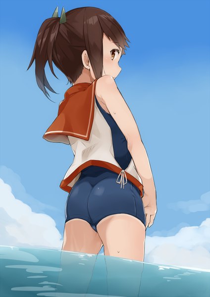 Anime picture 600x848 with kantai collection i-401 aircraft carrying submarine akiha (attract) single long hair tall image looking at viewer blush fringe light erotic brown hair standing brown eyes sky cloud (clouds) ass ponytail looking back wind from behind