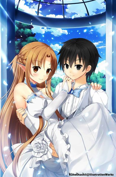 Anime picture 628x960 with sword art online a-1 pictures yuuki asuna kirigaya kazuto titania (alo) kaho okashii long hair tall image blush short hair black hair smile bare shoulders holding sky cloud (clouds) pointy ears black eyes sunlight orange hair