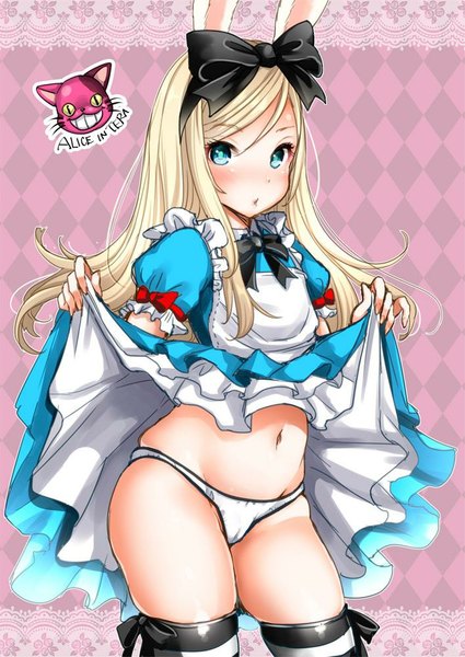 Anime picture 708x1000 with alice in wonderland tera online alice (wonderland) cheshire cat mojarin (kihara mojarin) single long hair tall image looking at viewer blush blue eyes light erotic blonde hair animal ears bunny ears cameltoe skirt lift cosplay dress lift purple background