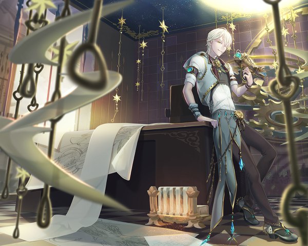 Anime picture 1200x960 with touken ranbu nitroplus tsurumaru kuninaga sleeping-pig single short hair blonde hair smile standing yellow eyes indoors one eye closed arm support depth of field alternate costume boy star (symbol) paper gears