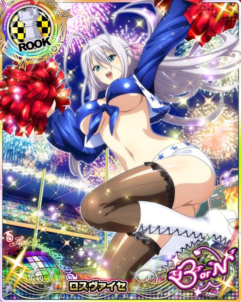 Anime picture 640x800 with highschool dxd rossweisse single long hair tall image breasts open mouth blue eyes light erotic ahoge white hair card (medium) cheerleader girl thighhighs navel black thighhighs boots