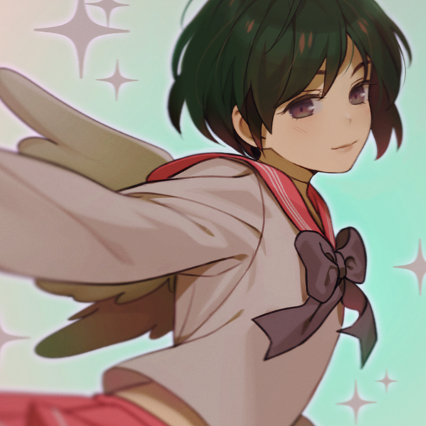 Anime picture 892x892 with original e7 (runaway162) single looking at viewer blush fringe short hair black hair simple background smile hair between eyes brown eyes upper body midriff outstretched arm gradient hair aqua background girl uniform wings