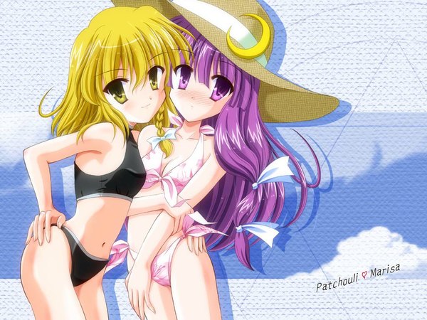 Anime picture 1024x768 with touhou kirisame marisa patchouli knowledge blush light erotic blonde hair purple hair girl swimsuit bikini black bikini