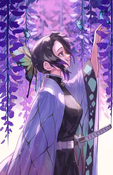 Anime picture 1300x2000 with kimetsu no yaiba ufotable kochou shinobu vic single tall image short hair black hair standing purple eyes payot upper body outdoors traditional clothes japanese clothes profile multicolored hair arm up blurry wide sleeves