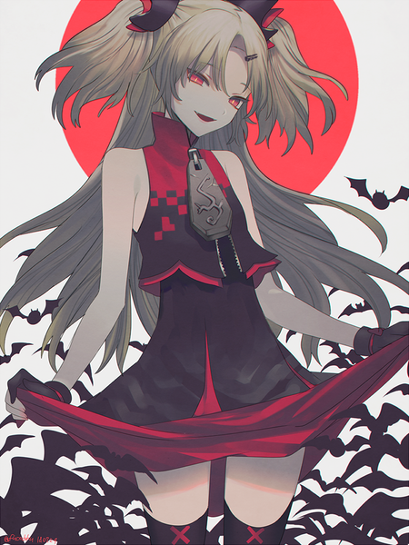 Anime picture 750x1000 with virtual youtuber uni channel akatsuki uni fucodoku single long hair tall image open mouth blonde hair red eyes bare shoulders signed nail polish fang (fangs) two side up twitter username dated looking down slit pupils vampire