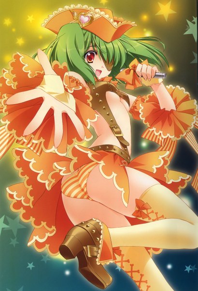 Anime picture 1894x2771 with macross macross frontier ranka lee tagme (artist) single tall image highres light erotic yellow eyes green hair pirate girl underwear panties bow hat boots eyepatch microphone striped panties