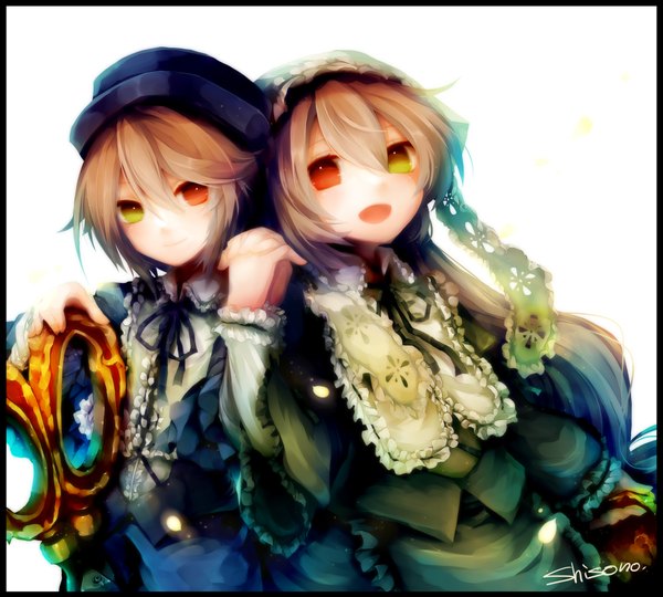 Anime picture 1000x900 with rozen maiden suiseiseki souseiseki shisono long hair fringe short hair open mouth red eyes brown hair multiple girls green eyes signed heterochromia holding hands siblings lolita fashion sisters girl dress