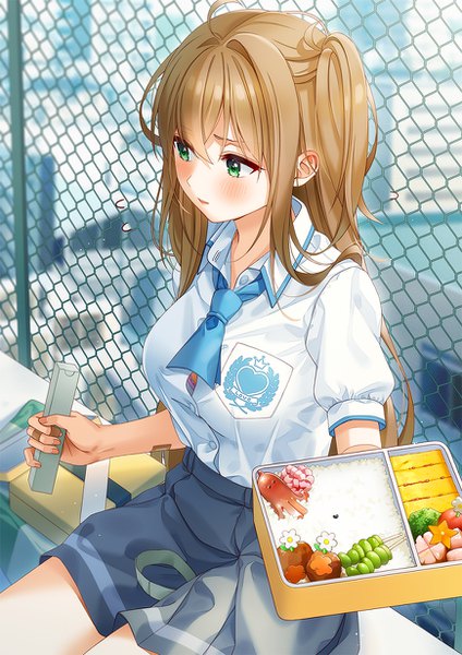 Anime picture 870x1230 with original unjem single long hair tall image blush fringe hair between eyes brown hair sitting green eyes looking away ahoge from above embarrassed one side up flying sweatdrops bandaid on arm bandaid on hand girl