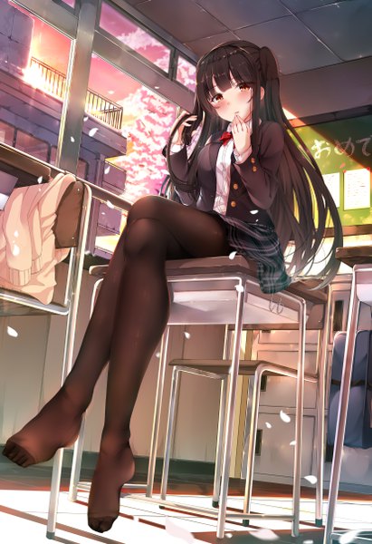 Anime picture 3307x4823 with original hiragi ringo single long hair tall image looking at viewer blush fringe highres breasts black hair sitting brown eyes absurdres sky full body bent knee (knees) indoors blunt bangs head tilt