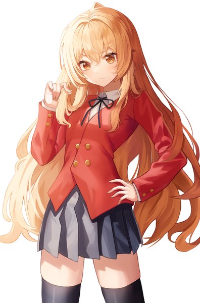 Anime picture 2883x4372 with toradora j.c. staff aisaka taiga poise single long hair tall image looking at viewer blush fringe highres simple background blonde hair hair between eyes standing white background yellow eyes payot long sleeves head tilt