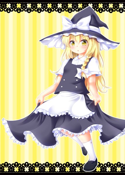 Anime picture 1429x2000 with touhou kirisame marisa rena (riries) long hair tall image blonde hair yellow eyes braid (braids) striped striped background girl dress skirt bow hat apron witch hat skirt set