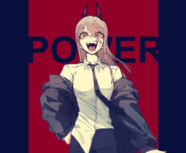 Anime picture 2961x2440 with chainsaw man mappa power (chainsaw man) tsunderemaids single long hair looking at viewer fringe highres open mouth simple background hair between eyes standing yellow eyes horn (horns) off shoulder fang (fangs) character names symbol-shaped pupils blue background