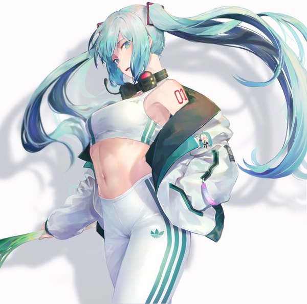 Anime picture 5000x4950 with vocaloid adidas hatsune miku pigone pigonhae single long hair looking at viewer fringe highres open mouth simple background standing white background twintails holding payot absurdres aqua eyes off shoulder
