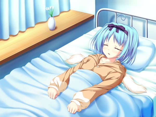 Anime picture 1600x1200 with magus tale whirlpool (studio) kujou yuuka tenmaso blush short hair open mouth blue hair game cg ahoge lying eyes closed light smile tears girl flower (flowers) ribbon (ribbons) hair ribbon window pillow