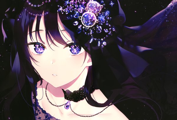 Anime picture 4240x2881 with original achiki single long hair looking at viewer blush fringe highres black hair simple background hair between eyes purple eyes absurdres upper body parted lips scan black background girl ribbon (ribbons) hair ribbon
