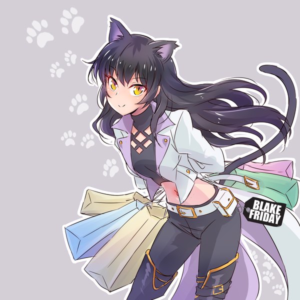 イラスト 3800x3800 と rwby rooster teeth blake belladonna いえすぱ ソロ 長髪 カメラ目線 前髪 highres 黒髪 笑顔 立つ 獣耳 黄色眼 absurdres 尻尾 long sleeves animal tail 猫耳 open clothes