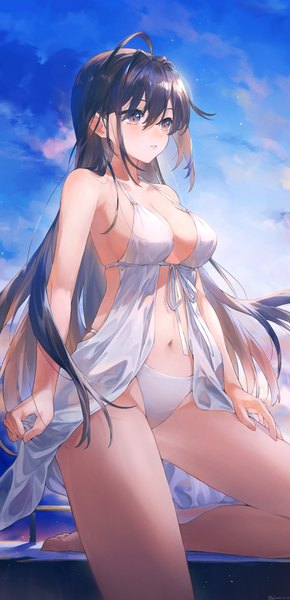 Anime picture 2931x6071 with original swkl:d single long hair tall image fringe highres breasts light erotic black hair hair between eyes large breasts signed looking away sky cloud (clouds) outdoors black eyes dated halterneck