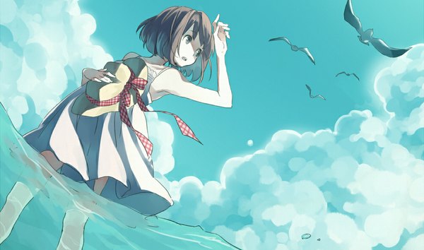Anime picture 1000x590 with original buuta single short hair open mouth brown hair wide image standing bare shoulders holding brown eyes sky cloud (clouds) wind armpit (armpits) girl ribbon (ribbons) bow hat animal