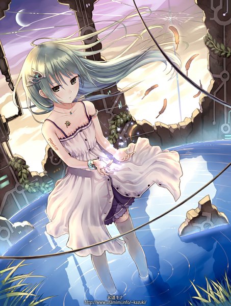 Anime picture 755x1000 with original kazuharu kina single long hair tall image green eyes green hair girl thighhighs dress hair ornament plant (plants) white thighhighs water feather (feathers) sundress